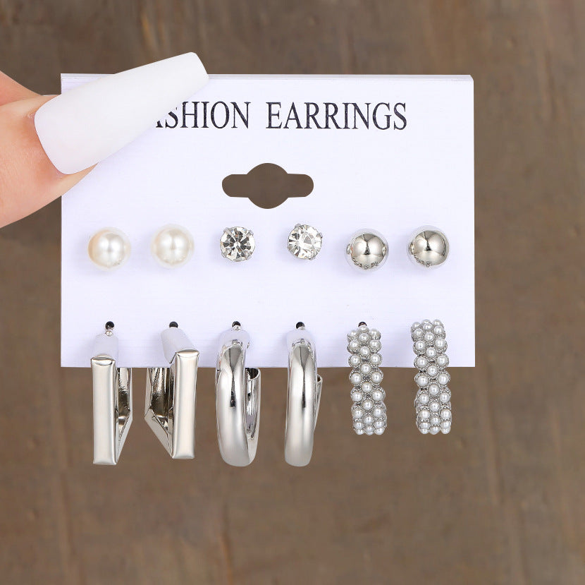 Retro Geometric Pearl 6-Piece Earring Set