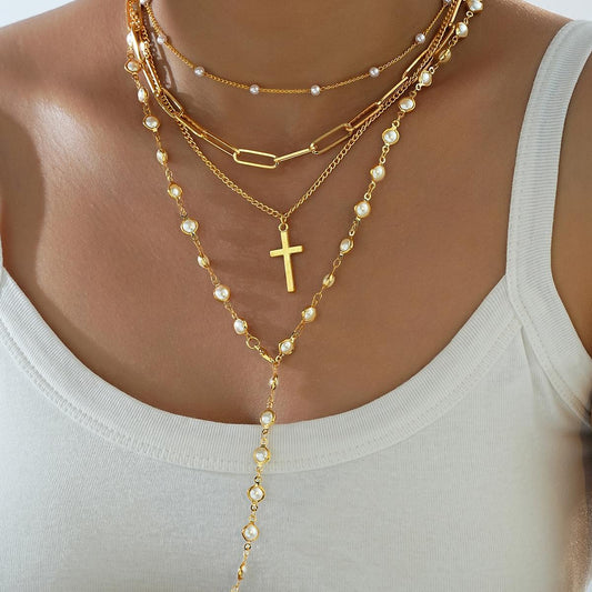 Cross Pendant Pearl Chain Necklace