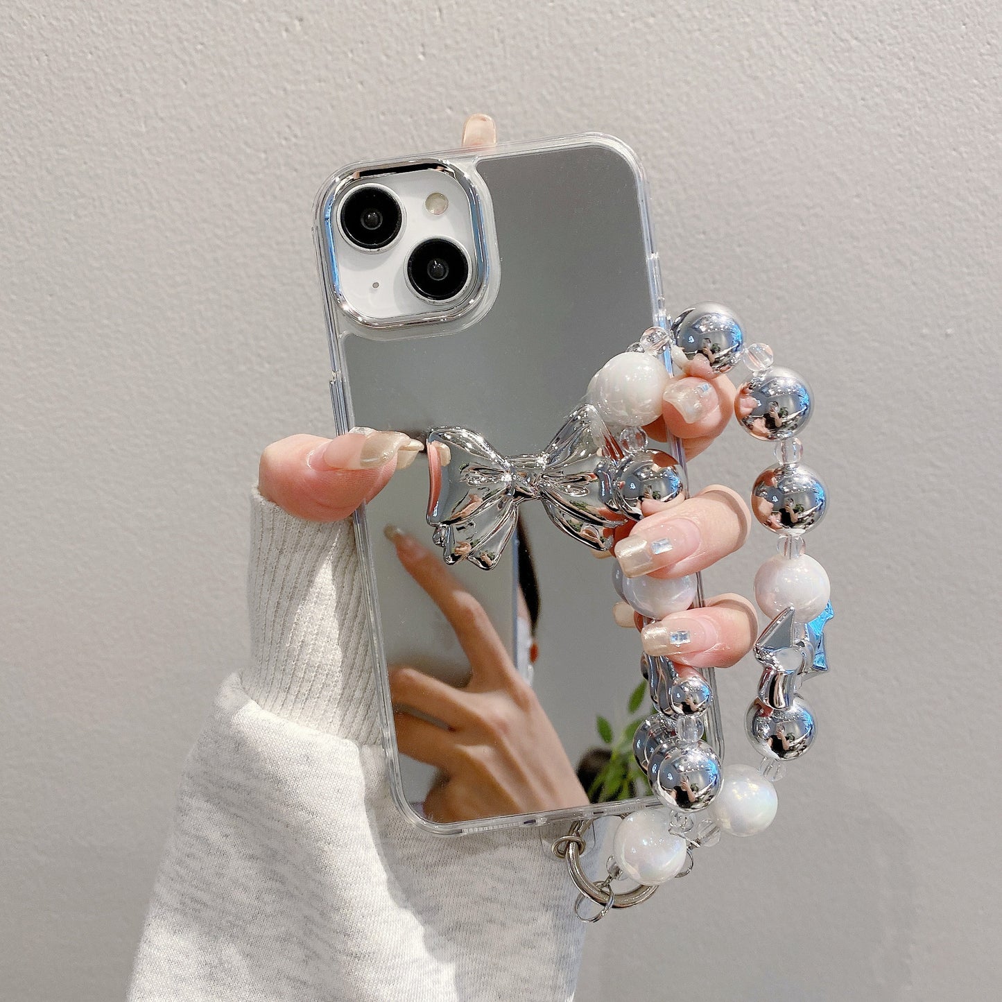 Apple 15 Pro Mirror Silver Bow iPhone 11/12 Bracelet Shockproof Hard Case