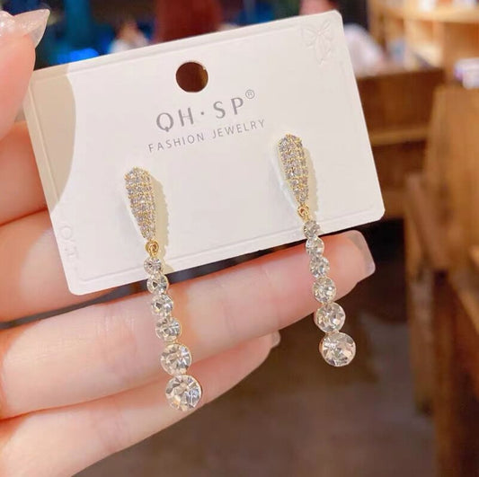Pendientes largos con flecos de diamantes de imitación y aguja de plata S925 