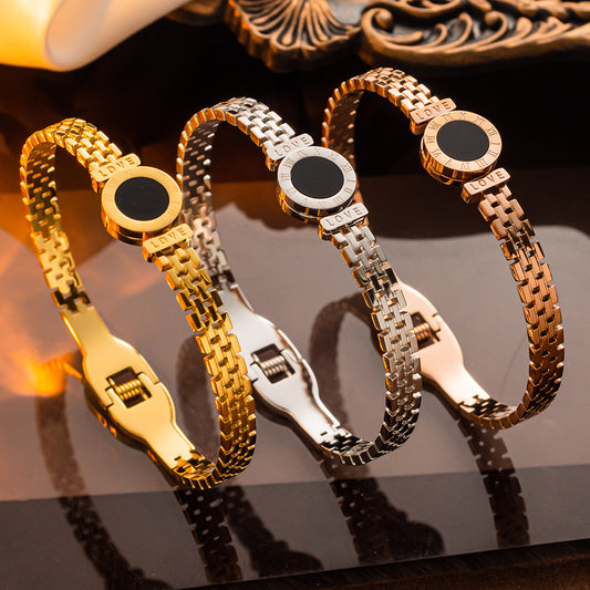 Pulseira circular digital Roman LOVE feminina em aço titânio joias banhadas a ouro 18K 