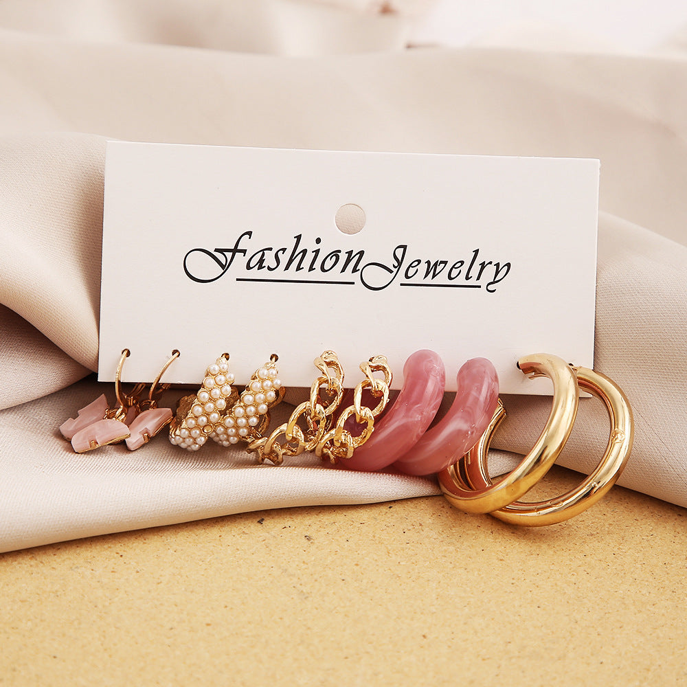 Pink Acrylic Pearl Butterfly Earring Set