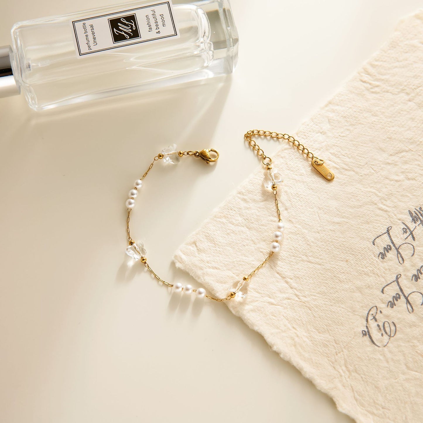 18K Gold Titanium Steel Butterfly Pearl Bracelet