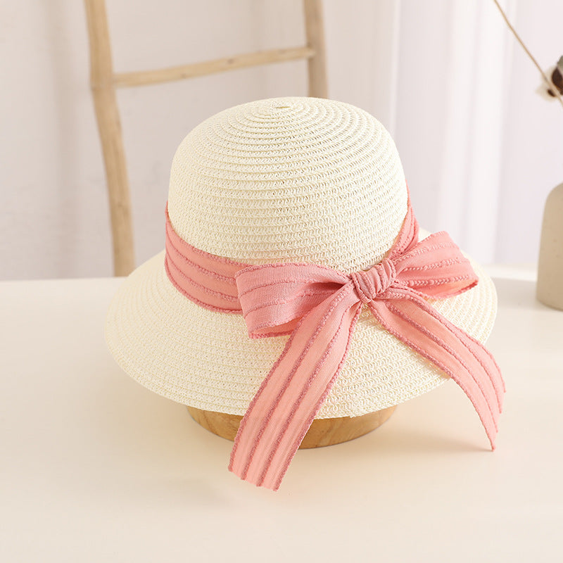 Conjunto de sombrero de paja con lazo para niños, bolsa de viaje con protección solar para la familia, primavera y verano 