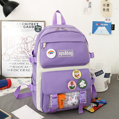 4-piece student school bag canvas contrast color backpack
