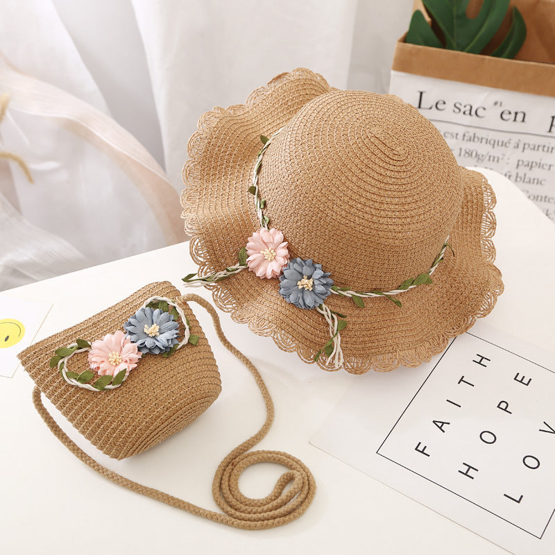 Conjunto de sombrero para el sol para niñas, nuevo bolso de paja de verano, princesa UV para bebés 