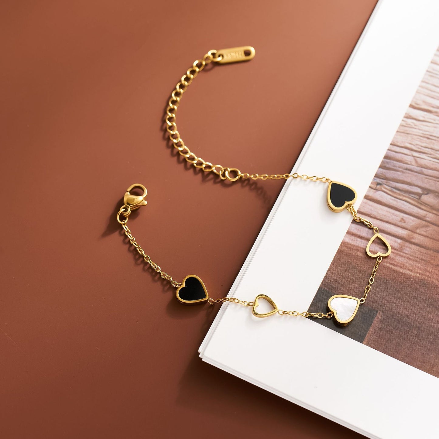 Women's Hollow Heart Stainless Steel Bracelet — Black & White, 18K Gold-Plated, Non-Fading