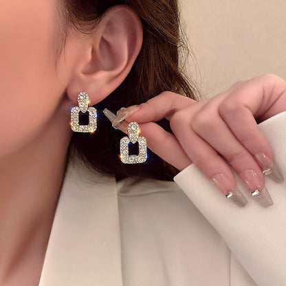 French Retro Geometric Square Flash Diamond Stud Earrings