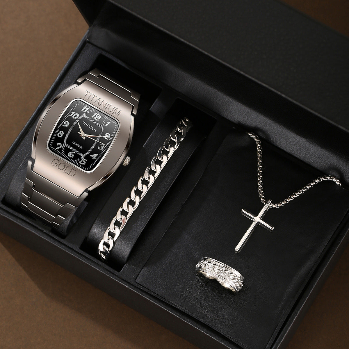 Business Steel Belt Quartz Watch Silver Set
