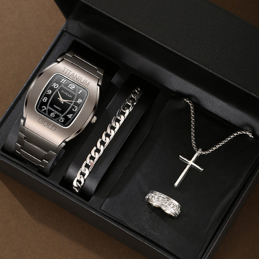Business Steel Belt Quartz Watch Silver Set