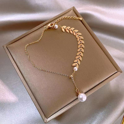 Pulsera Perla Hoja de Trigo, Diseño Único, Ajustable - Al Por Mayor