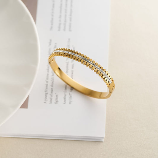 Women's Japanese-Korean Stainless Steel Bracelet with Round Studs & Central Rhinestone Row