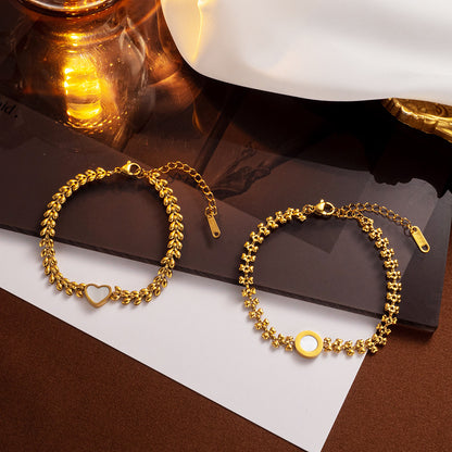 Pulseira vintage dourada estilo europeu, padrão de concha de coração de aço inoxidável, joias da moda que não desbotam 