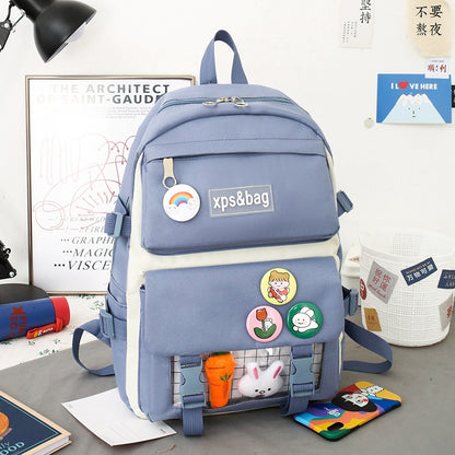 4-piece student school bag canvas contrast color backpack
