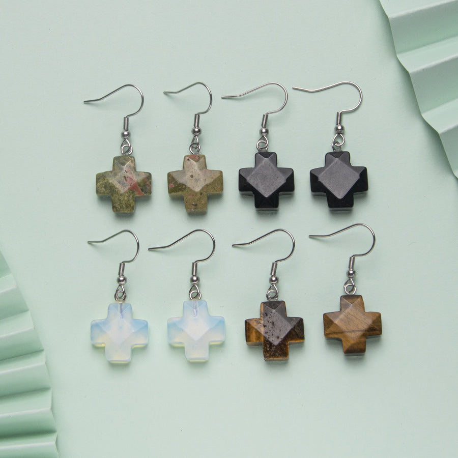 Brincos de aço inoxidável facetados em cruz de cristal 