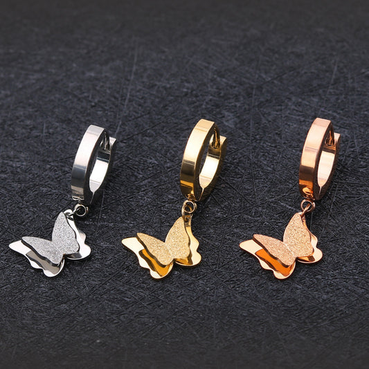 18K Rose Gold Titanium Steel Frosted Butterfly Earrings — Korean Cute Versatile