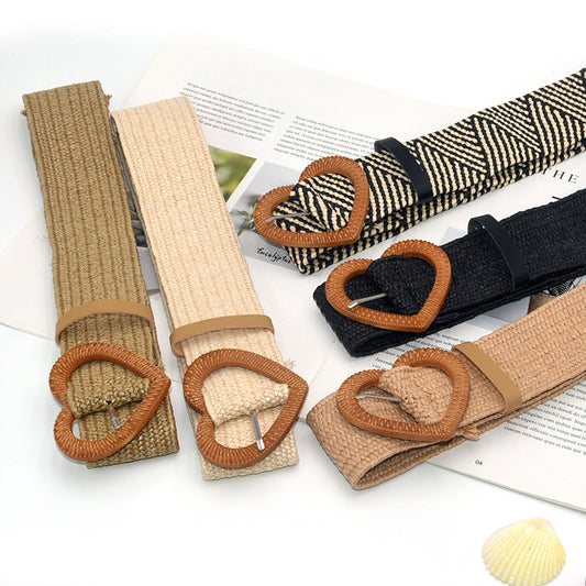 Heart-shaped wooden buckle pp grass woven elastic belt