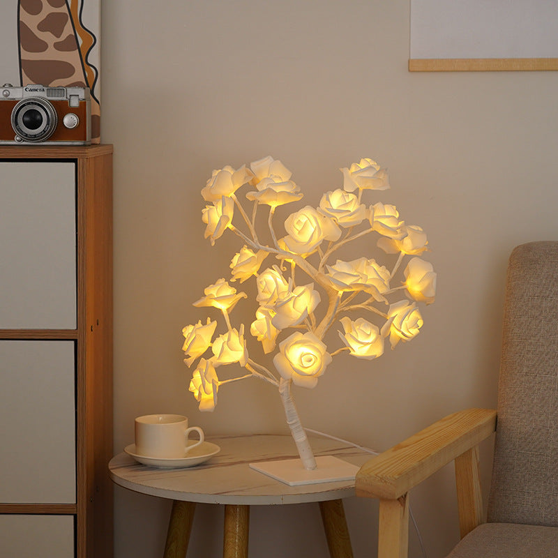 Luz nocturna de decoración de lámpara de árbol de rosas de simulación LED con interruptor USB 