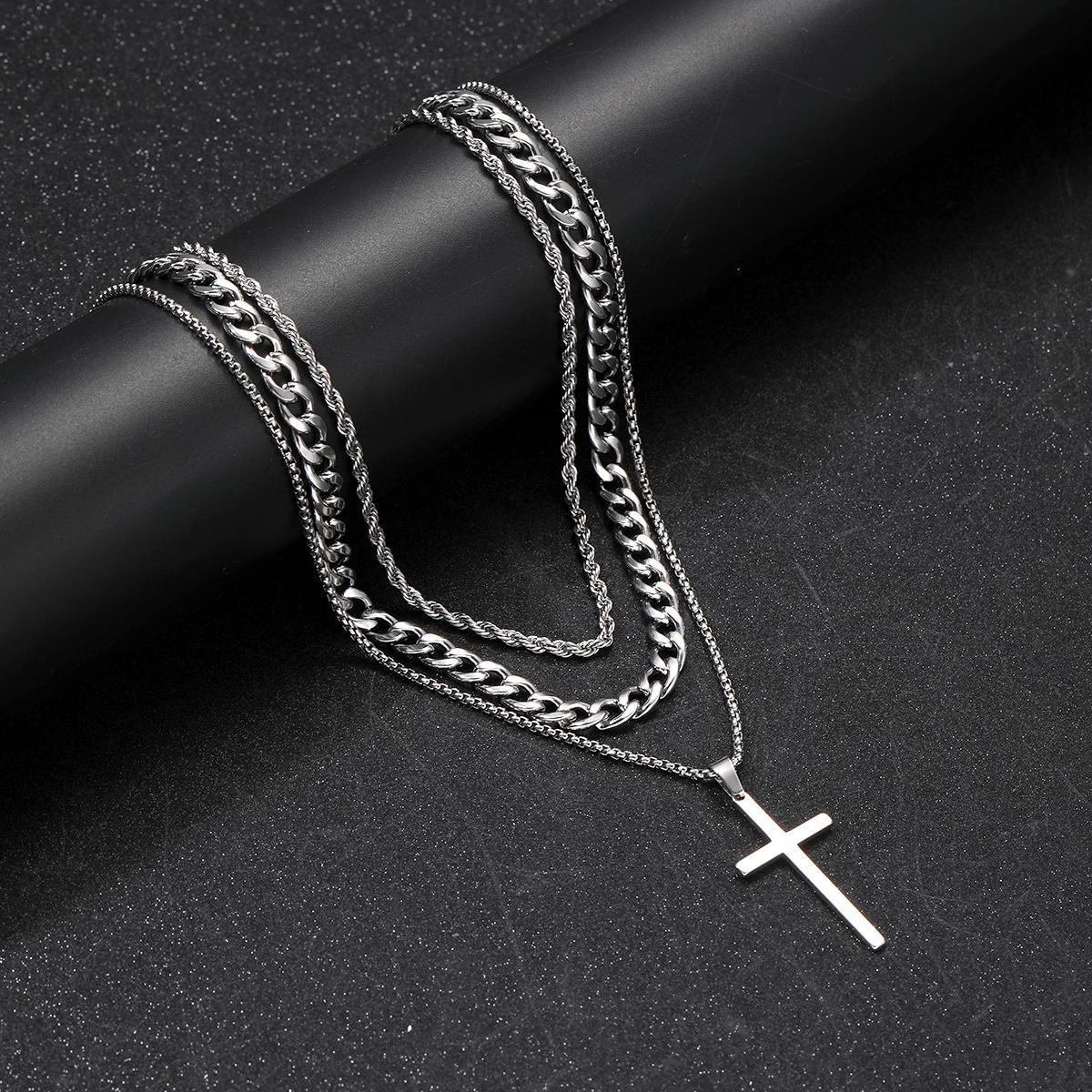 Stainless Steel Cross Pendant Layered Necklace