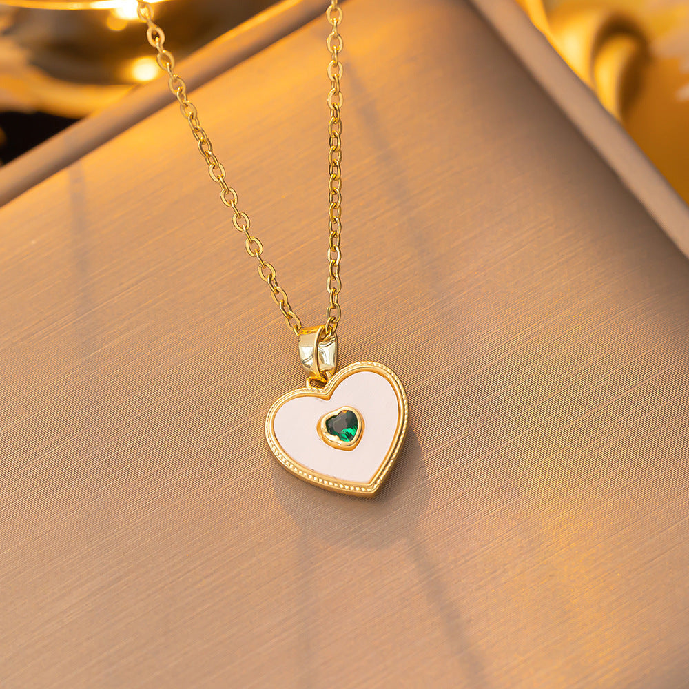 Women's Titanium-Steel Shell Pendant Collarbone Necklace with Green Gem Inlay