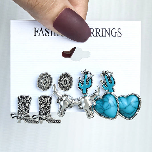 Turquoise Cactus Stud Earrings Set