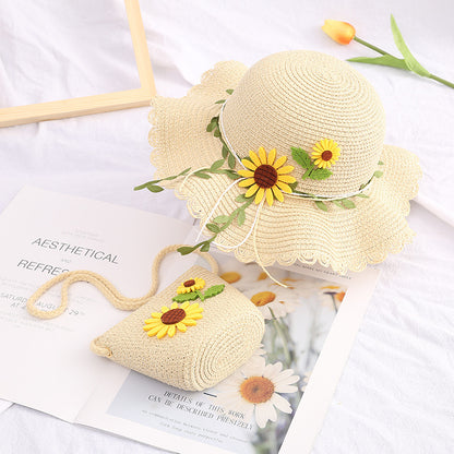 Girls' Beach Princess Hat Floral Straw Bag Set Sun Summer Cool