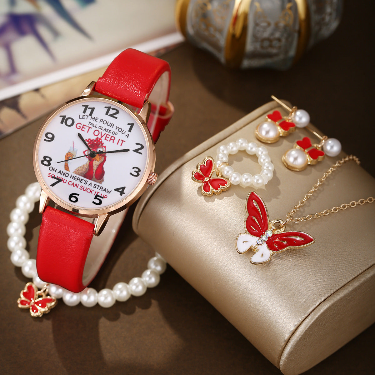 Watch Pearl Butterfly Pendant Jewelry Set