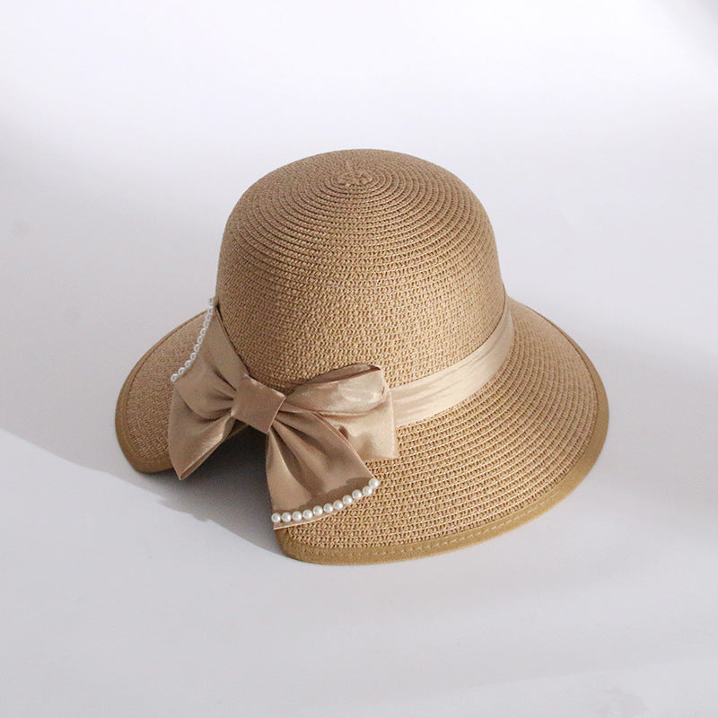 Bow Sun Hat Women Fashion Straw Korean Pearl Wide Brim UV Fisherman