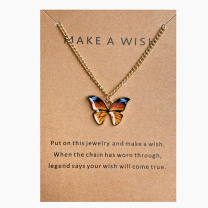 Collar de aleación con forma de mariposa y tarjeta de papel con letras antiguas 