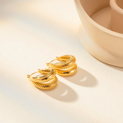 Double Layer Polished Ribbed Oval Pot Earrings