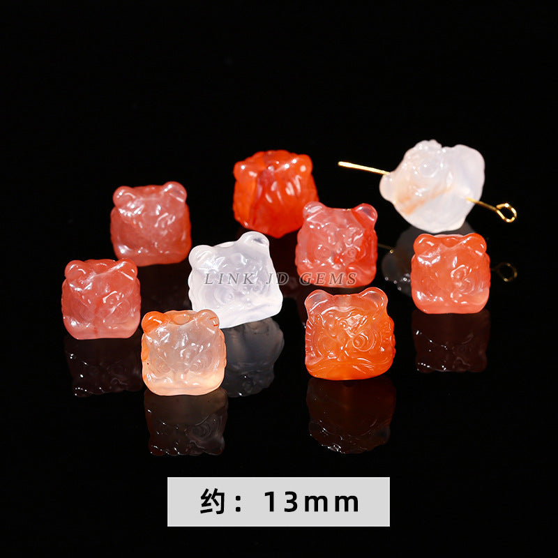 Cuentas sueltas con grabado de cabeza de león de obsidiana plateada y cristal 