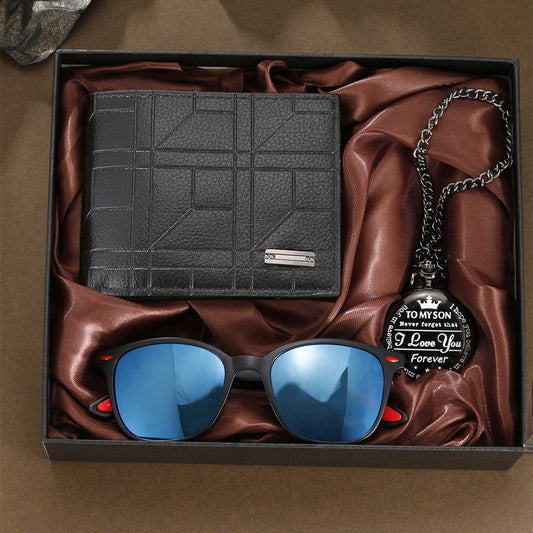 Black pocket watch wallet sunglasses 3-piece combination set