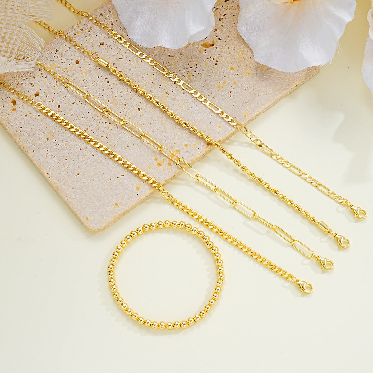 Gold Bead & Twist Chain Bracelet Set (5-Piece)