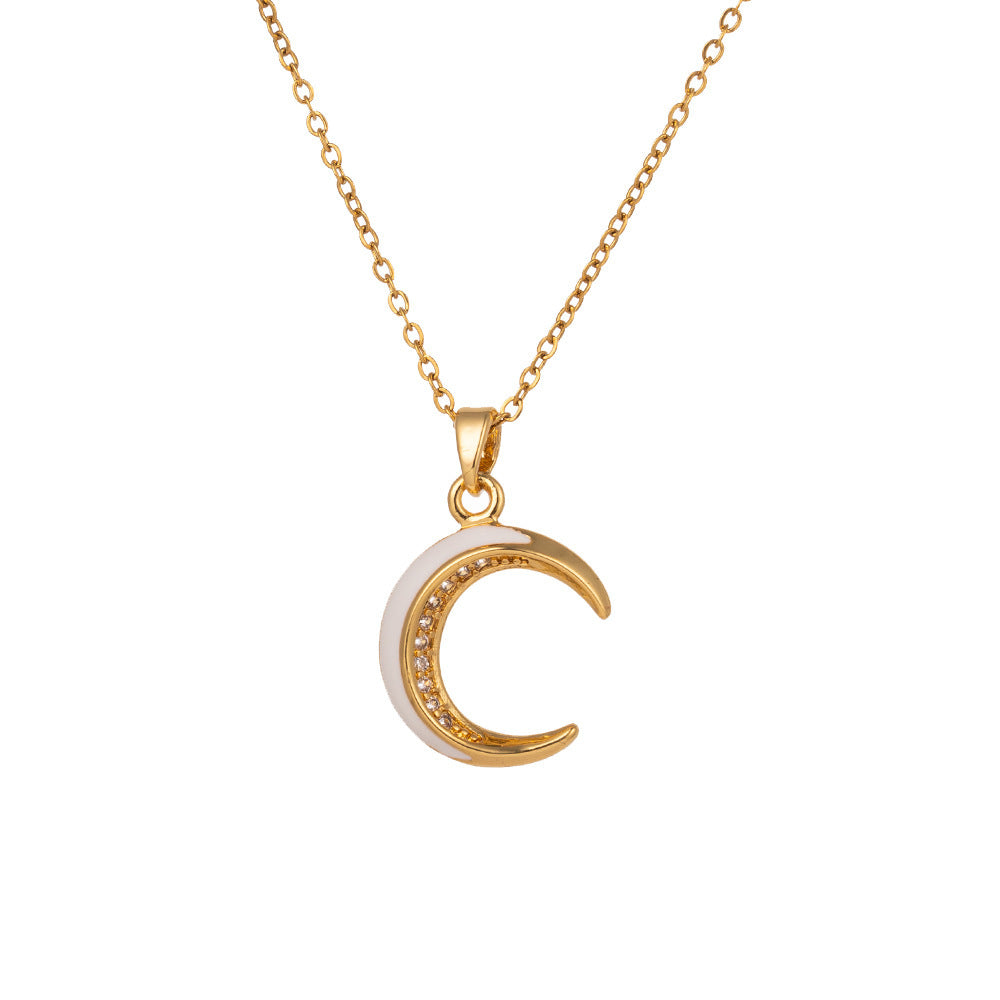 Women's Gold-Plated Titanium Steel Moon Pendant Necklace with Micro Zircon