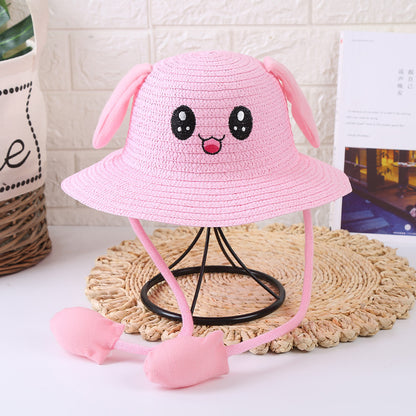 Gorro de paja con orejas de conejo para bebé, protección UV, bonito y divertido 