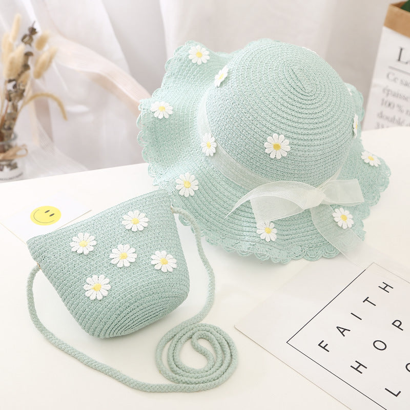 Conjunto de sombrero para el sol para niñas, nuevo bolso de paja de verano, princesa UV para bebés 
