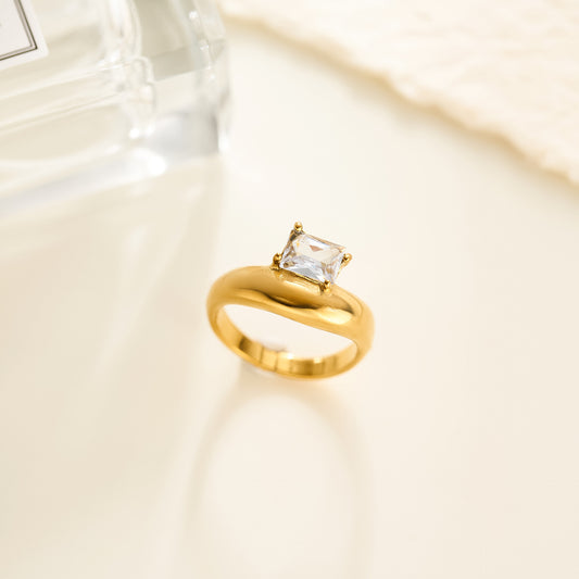 18K Gold-Plated Stainless Steel Zircon Geometric Ring — Round & Square Design