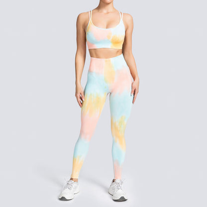 Conjunto de yoga de cintura alta con efecto tie-dye sin costuras 