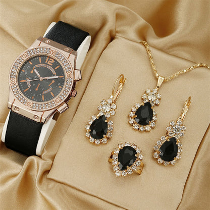Watch Necklace Earrings Ring Bracelet Set