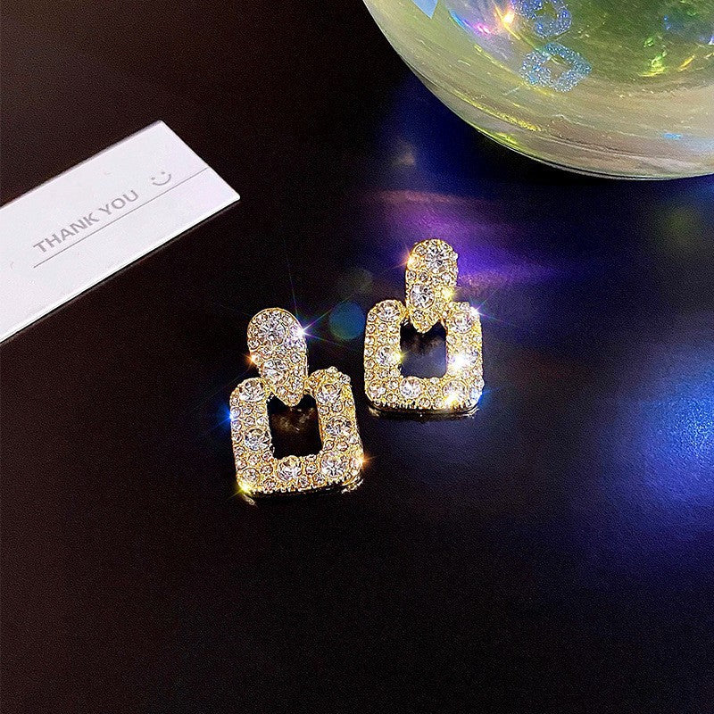 French Retro Geometric Square Flash Diamond Stud Earrings