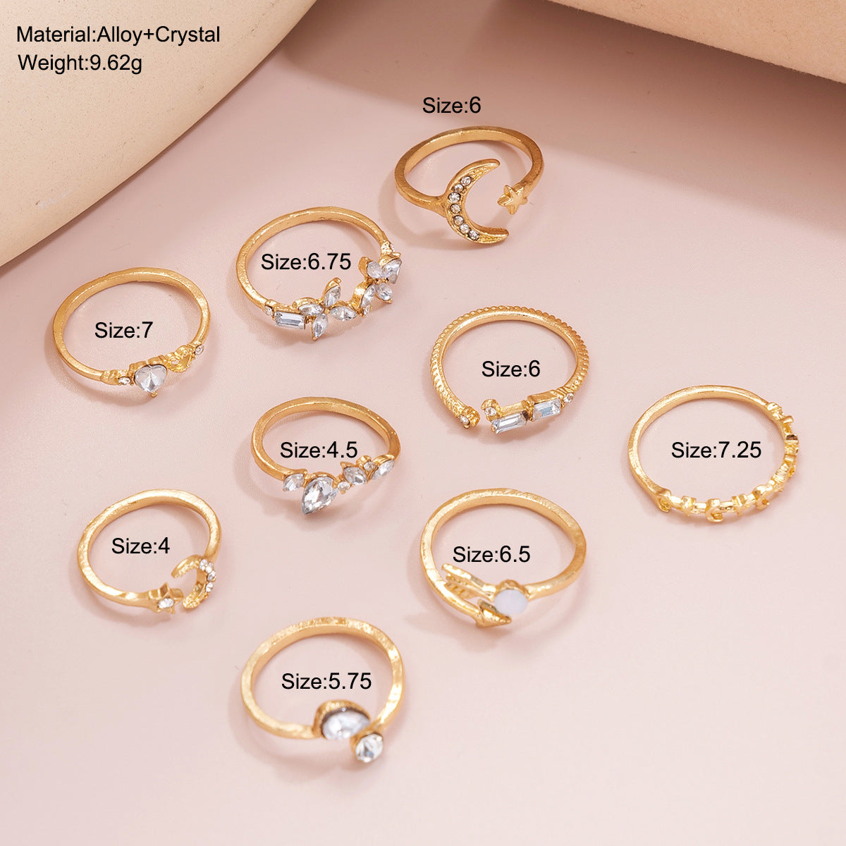 9Pcs Star Moon & Floral Ring Set