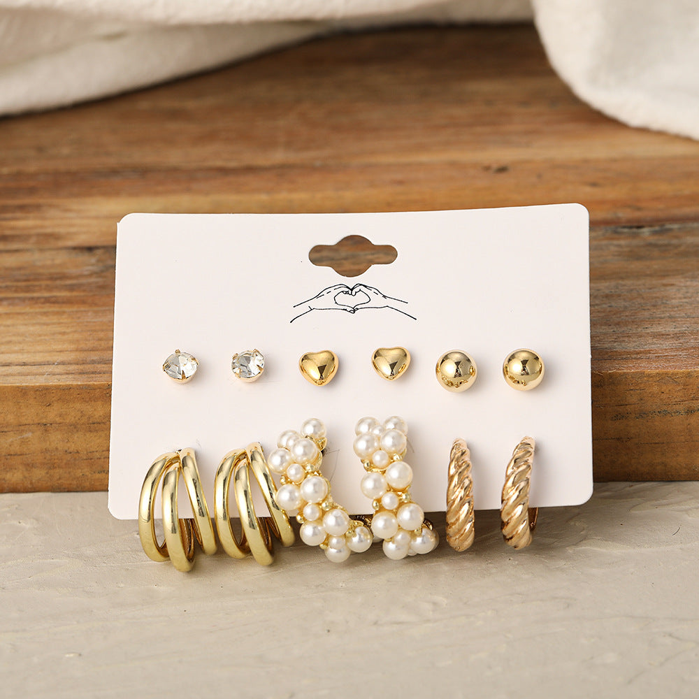 Pearl & Gold Stud Earring Set (6-Piece)