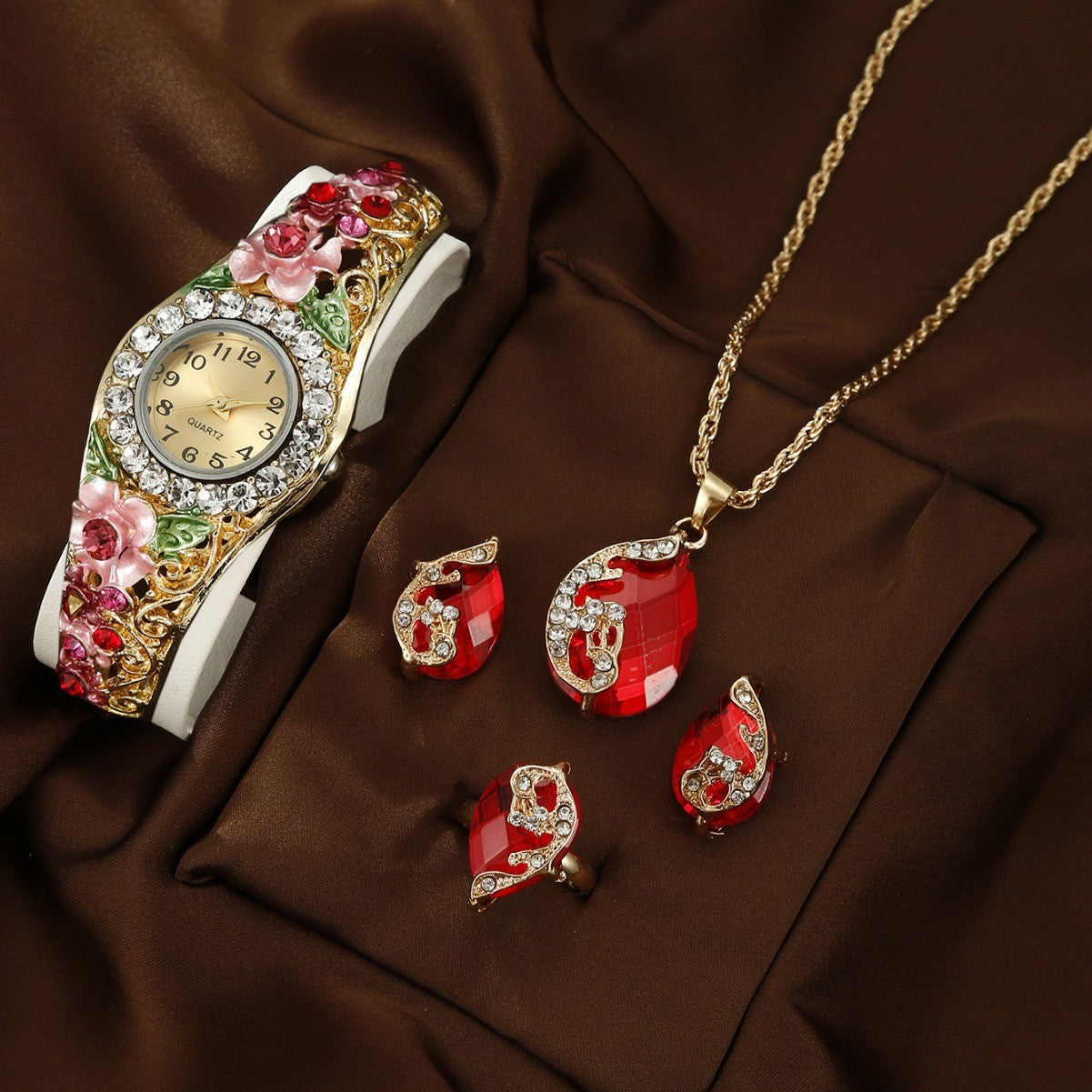 Watch Square Peacock Water Drop Jewelry Set