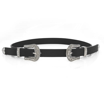 Double Buckle Leather Belt Women's Fine Belt