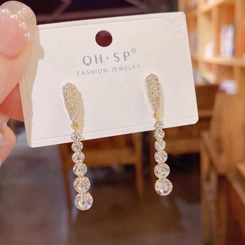 Pendientes largos con flecos de diamantes de imitación y aguja de plata S925 