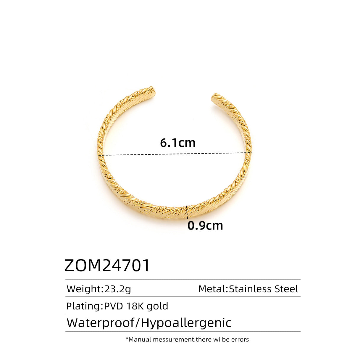 Women's Titanium Steel Hammered C-Open Hollow Bracelet