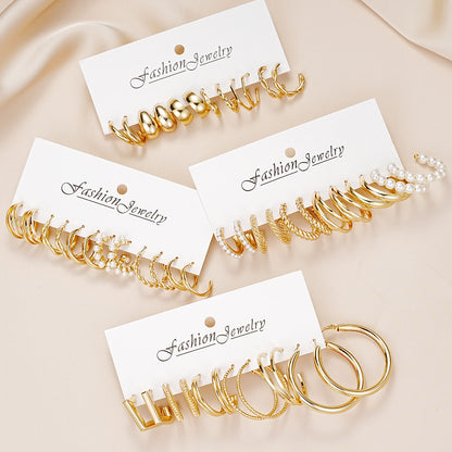 Geometric cube three-tube pearl twist earrings set