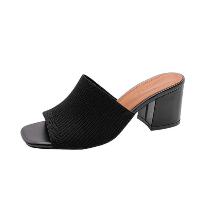 One-word thick heel knitted wool high heels