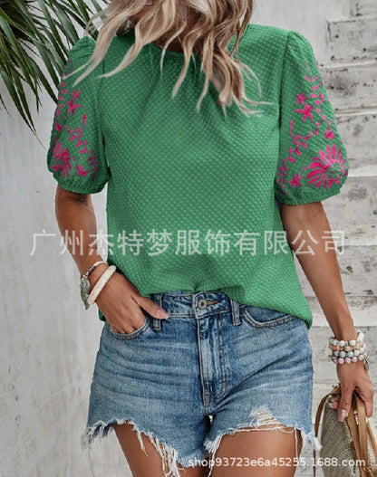 Embroidered Crew Neck Bubble Short Sleeve Shirt