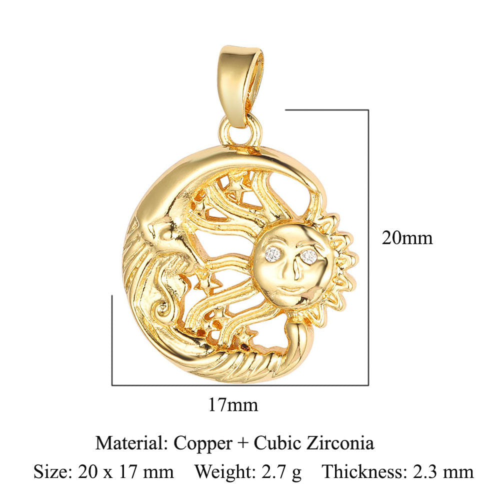 Colgante de cobre y circonita con forma de sol, luna y estrellas 
